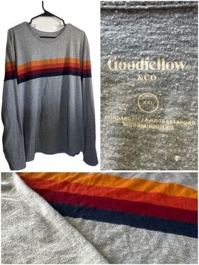 Goodfellow & Co Grey Long Sleeve Shirt with Orange, Red and Navy Stripes